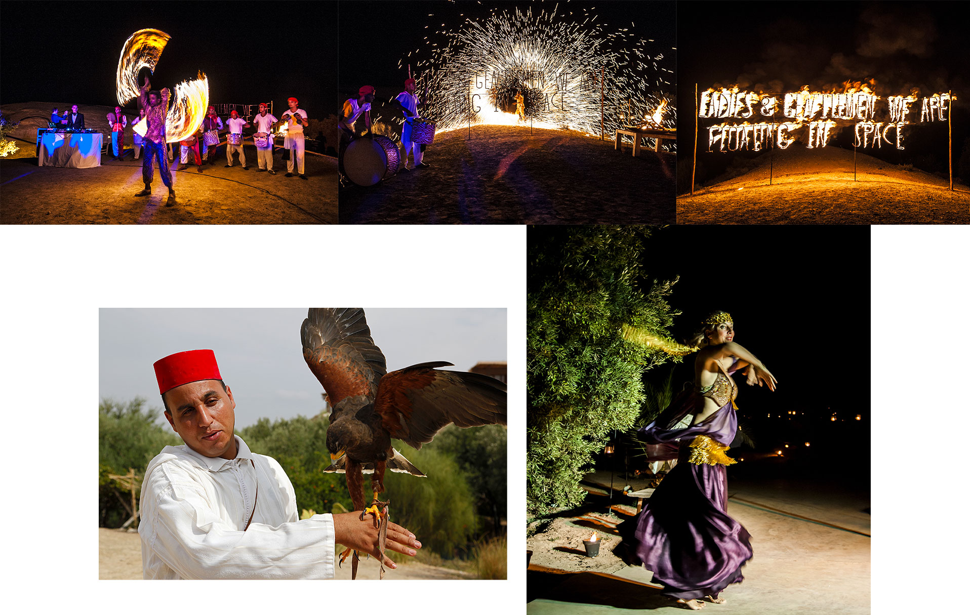 Activités à La Pause Maroc, jongleurs de feu, danseurs traditionnels, faune dans un désert de Marrakech -La Pause, Maroc.