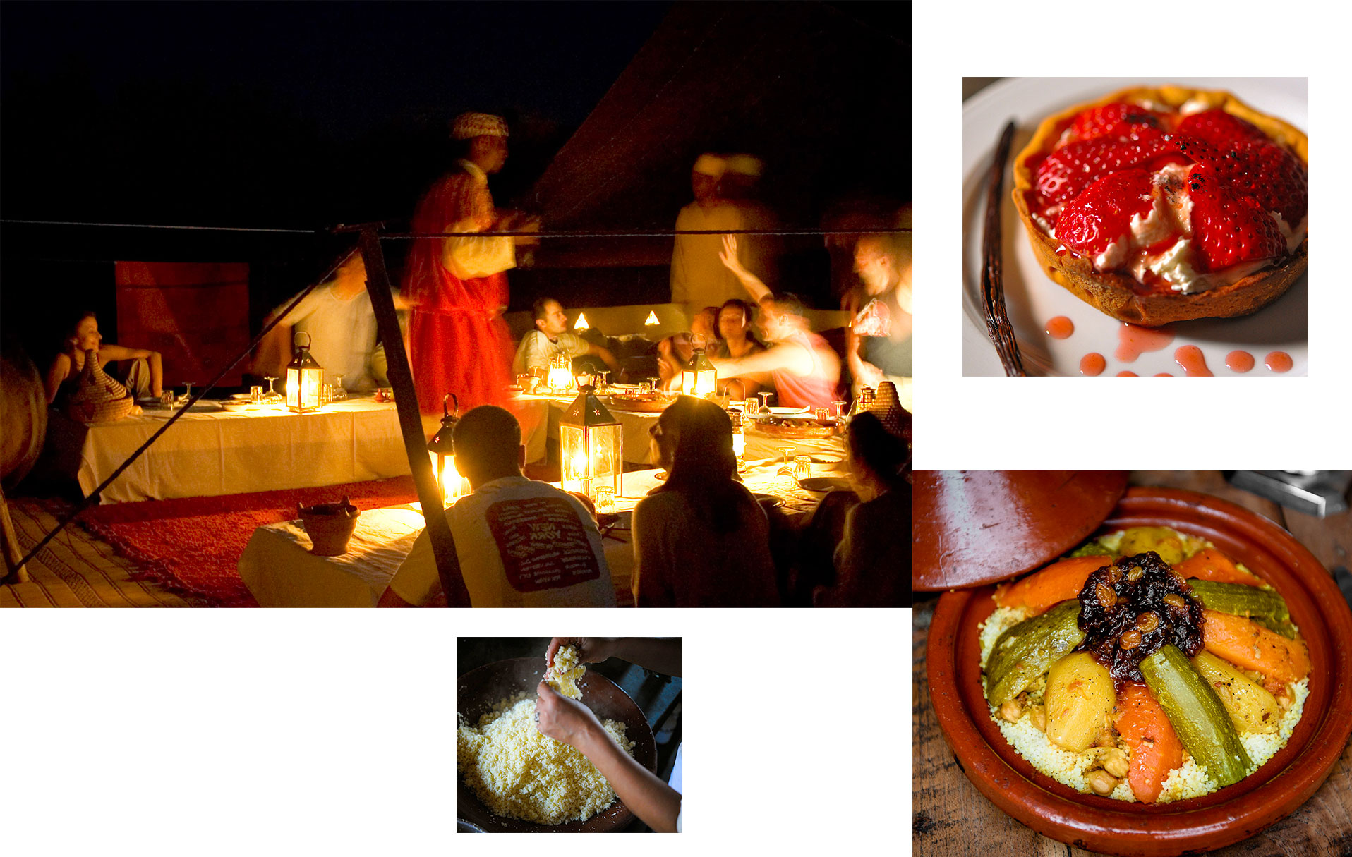 Guests having meal in a tent, Moroccan dishes, vegetarian options, couscous an dessert – La Pause Morocco