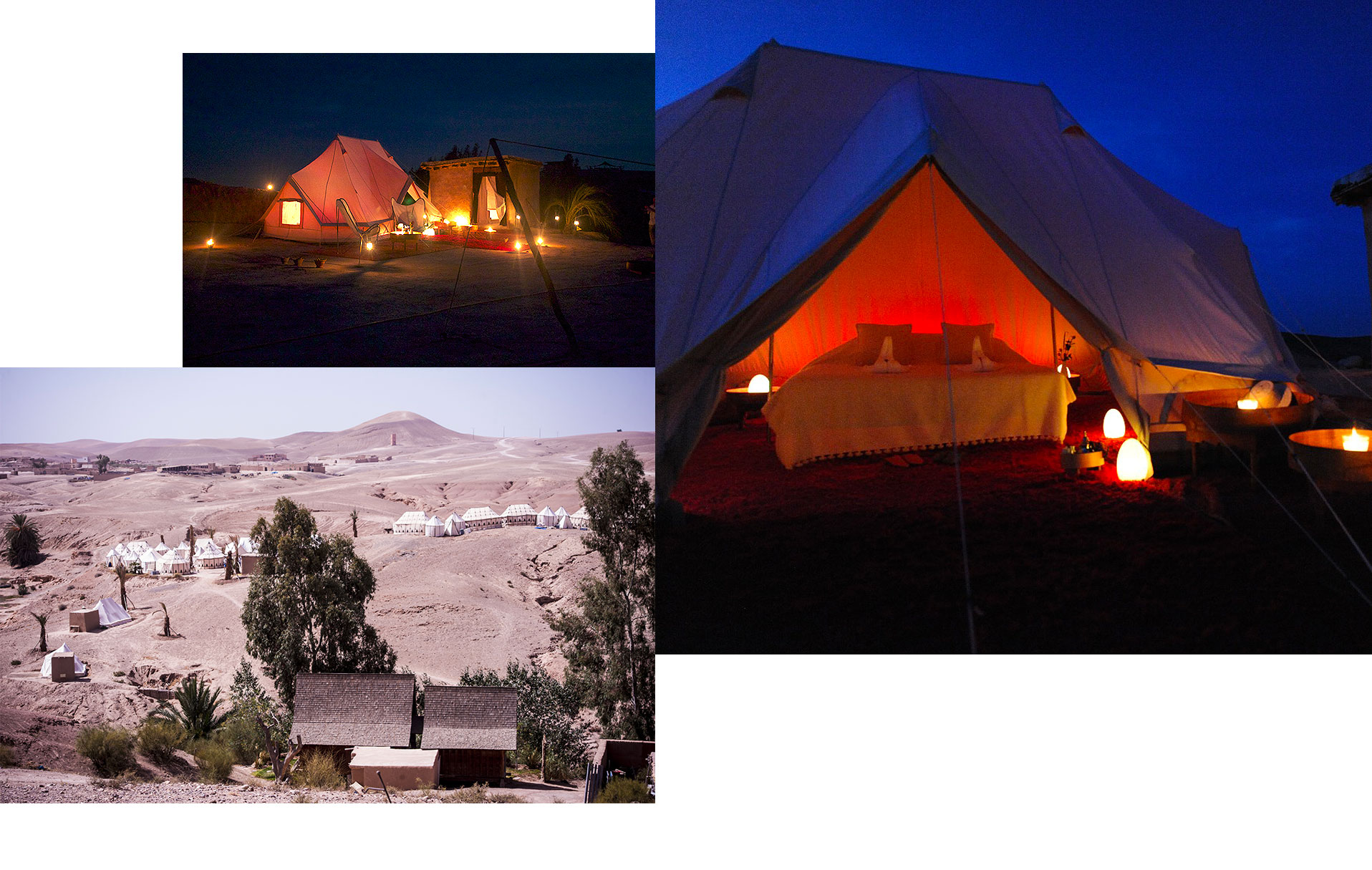 MarocGrandes tentes privées la nuit et vue sur La Pause, hébergement au Maroc.